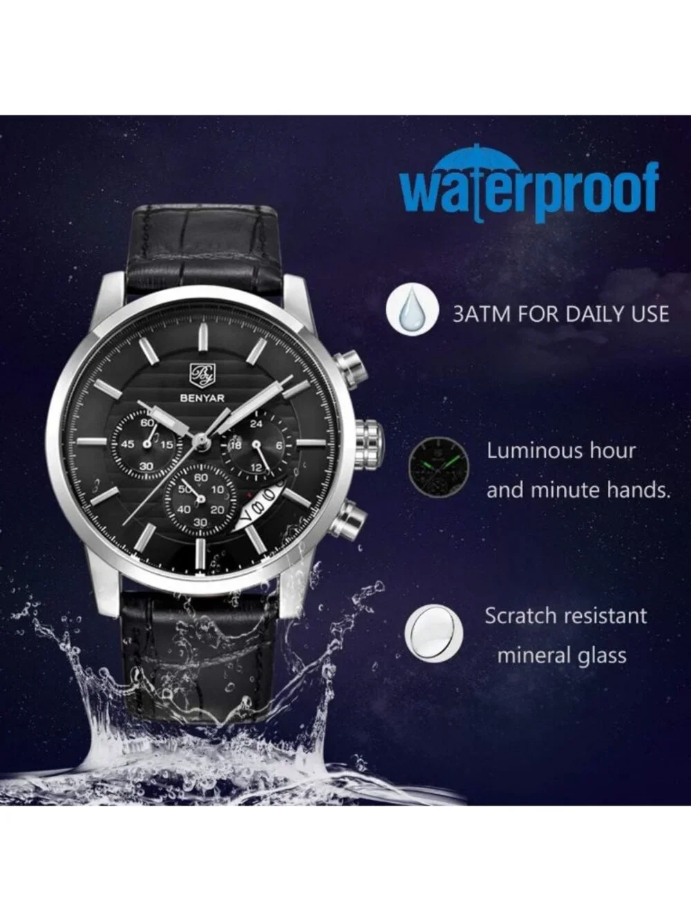 Stylish Waterproof Quartz Chronograph Watch for Men - Leather Band, Sport